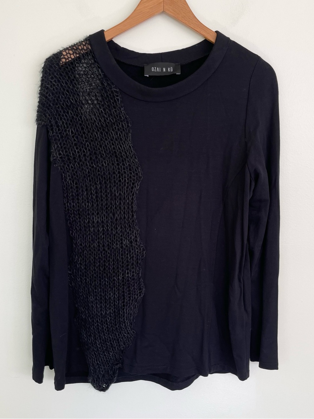 Ozai N Ku Assymmetrical Mixed Media Open Knit Crew Neck Top L Large Wearable Art
